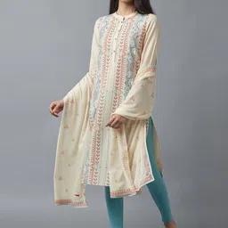 W Women Multicoloured Ethnic Motifs Band Collar Printed Kurta-picture-18