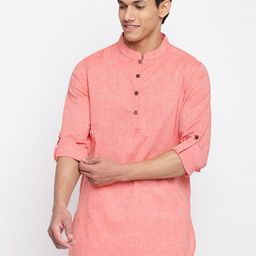 Fabindia Men Pink & White Mandarin Collar Cotton Kurta-picture-38