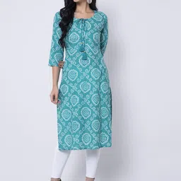 KIMAYRA Women Green Ethnic Motifs Printed Thread Work Kurta-image-33