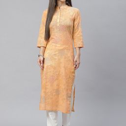 Indibelle Women Orange Floral Printed Cotton Kurta-image-96