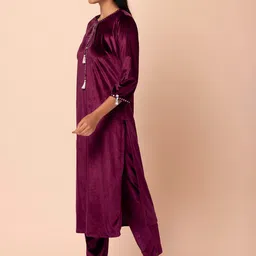 Rang by Indya Keyhole Neck Velvet A-Line Regular Kurta image 2