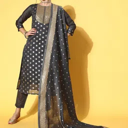 RAJGRANTH Ethnic Motifs Woven Design Chanderi Silk Straight Kurta With Trousers & Dupatta-picture-12