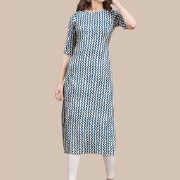 KALINI Women White & Blue Geometric Printed Crepe Kurta-39