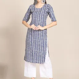 KALINI Women Blue & White Geometric Printed Crepe Kurta-image-66
