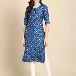 KALINI Women Blue Geometric Printed Keyhole Neck Summer Sheers Crepe Kurta-image-53