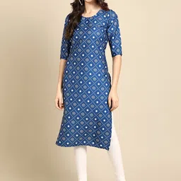 KALINI Women Blue & White Geometric Printed Summer Sheers Crepe Kurta-image-7
