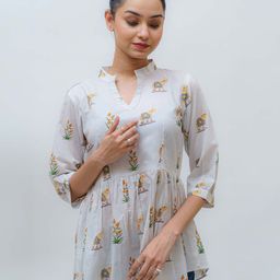 TSUCCHI TRADITIONS Printed Pure Cotton Ivory Tusker Regal Heritage Pichwai Kurti-image-8