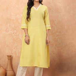 Odd By Poshaak V-Neck Pure Cotton Straight Kurta With Trousers-image-52