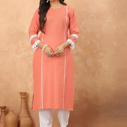Odd By Poshaak Notch Neck Thread Work Pure Cotton Straight Kurta with Trousers-13