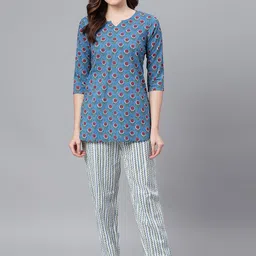 Idalia Women Blue & Red Printed Pure Cotton Night Suit-19