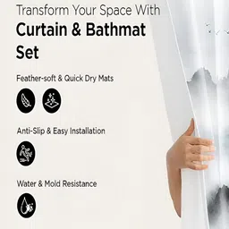 Kuber Industries White and grey 3 Pieces Abstract Printed Bathroom curtain and Bath rugs-21