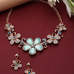ZENEME Rose Gold Plated American Diamonds Studded Floweret Jewellery Set-image-96