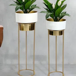 THE HOME CO. 2 Pcs White & Brown Textured Planter & Pots Stand-39