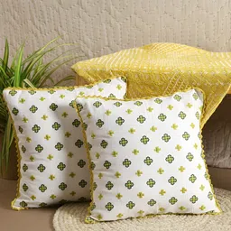 TARAN LIVING Green & Yellow 2 Pieces Floral Embroidered Cotton Square Cushion Covers-picture-32