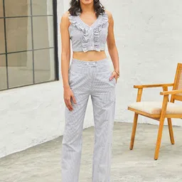 CHARAAVI Striped Sleeveless Pure Khadi Ruffled Crop Top With Trouser-picture-16