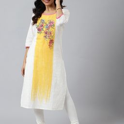AURELIA Women White and Yellow Colourblocked Kurta-34