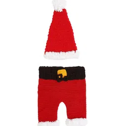 Babymoon Kids Red & White Combo Of Crochet Christmas Pant & Hat-image-48