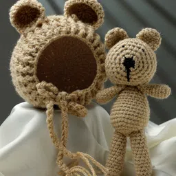 Babymoon Infants Set of 2 Crochet Bear Cap & Teddy Photoshoot Props-9
