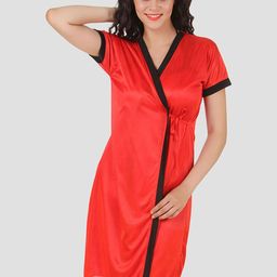 Fasense Women Red Solid Satin Wrap Gown Robe-5