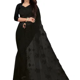 BARKIYA CREATION Floral Embroidered Beads and Stones Net Saree-6