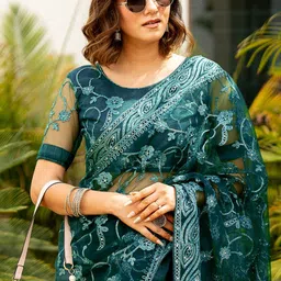 Subham Floral Embroidered Beads and Stones Net Saree-4