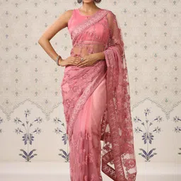 Ode by House of Pataudi Mauve Floral Embroidered Net Saree-picture-20