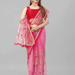 BARKIYA CREATION Floral Embroidered Net Ruffle Saree image 1