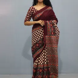 KIAARON Ajrak Block Pure Cotton Handloom Block Print Saree-picture-37