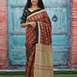 KIAARON Ajrak Pure Cotton Block Print Saree-17