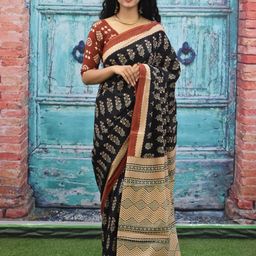 KIAARON Ajrak Block Printed Jaipuri Mulmul Pure Cotton Saree-image-66