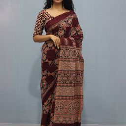 KIAARON Ajrak Block Pure Cotton Block Print Saree-26