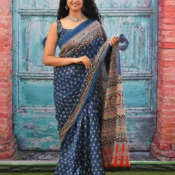 KIAARON Ajrak Block Printed Jaipuri Mulmul Pure Cotton Saree-4