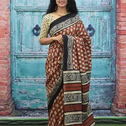 KIAARON Ajrak Block Printed Jaipuri Mulmul Pure Cotton Saree-7