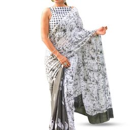 TROPWEAR Abstract Ikat Printed Pure Cotton Block Print Saree-image-70