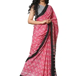 clothonus Pink & White Paisley Pure Cotton Block Print Saree-image-65