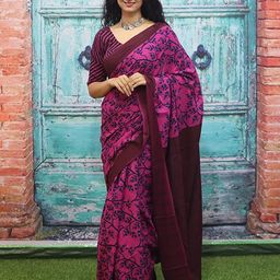 JAIPURI PRINT Floral Pure Cotton Block Print Saree-16