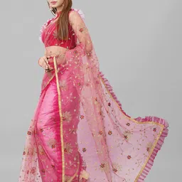 BARKIYA CREATION Floral Embroidered Net Ruffle Saree image 2