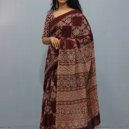 KIAARON Ajrak Block Pure Cotton Block Print Saree image 3