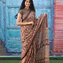 KIAARON Ajrak Block Printed Jaipuri Mulmul Pure Cotton Saree image 2