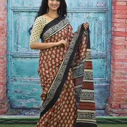 KIAARON Ajrak Block Printed Jaipuri Mulmul Pure Cotton Saree image 2