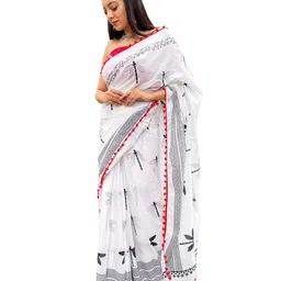 JAIPURI BLOCK PRINT Geometric Printed Pure Cotton Mulmul Block Print Saree image 5