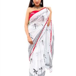 JAIPURI BLOCK PRINT Geometric Printed Pure Cotton Mulmul Block Print Saree image 2