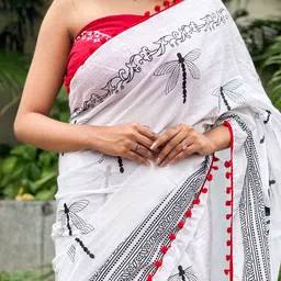 JAIPURI BLOCK PRINT Geometric Printed Pure Cotton Mulmul Block Print Saree image 3