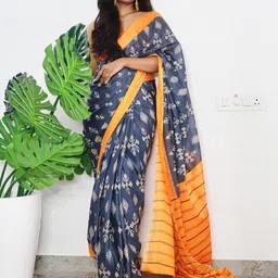 Saree mall Grey & White Ethnic Motifs Pure Cotton Sarees-51