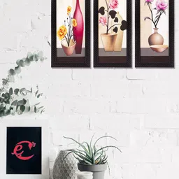eCraftIndia 3 Pcs Beige & Pink Floral Pot Satin Matt Texture Painting UV Wall Art-28