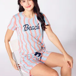 beebelle Peach-Coloured & Grey Striped Printed Round Neck Night suit-2