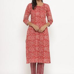 CRAFIQA Women Rust Ethnic Motifs Printed Panelled Pure Cotton Kurti with Trousers-picture-25