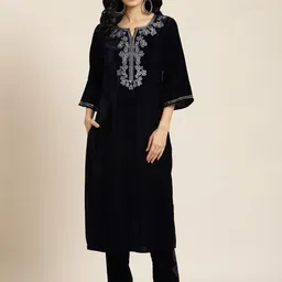 Juniper Women Navy Blue Yoke Design Regular Velvet Kurta with Trousers-image-26