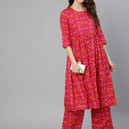 antaran Women Red Bandhani Printed Pure Cotton Kurta with Trousers-picture-6