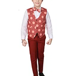 Pro-Ethic STYLE DEVELOPER Maroon & White Cotton Shirt & Trousers With Printed Waistcoat-image-41